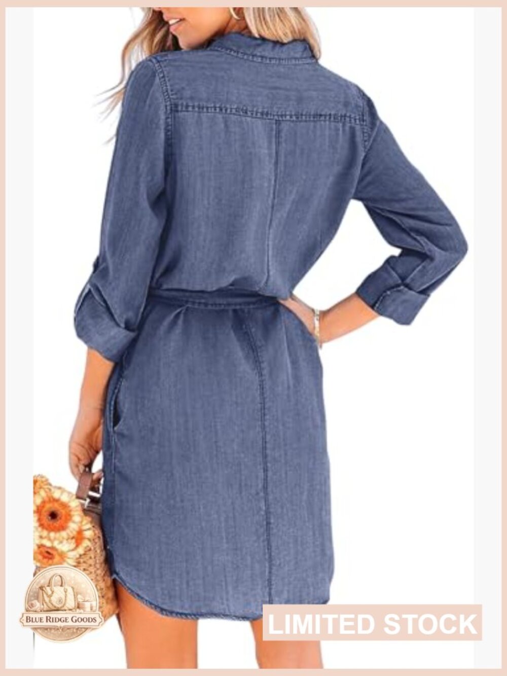 Denim Shirt Dress Casual Button Down Tie Waist Long Sleeve Midi Wrap Style - Picture 2 of 7